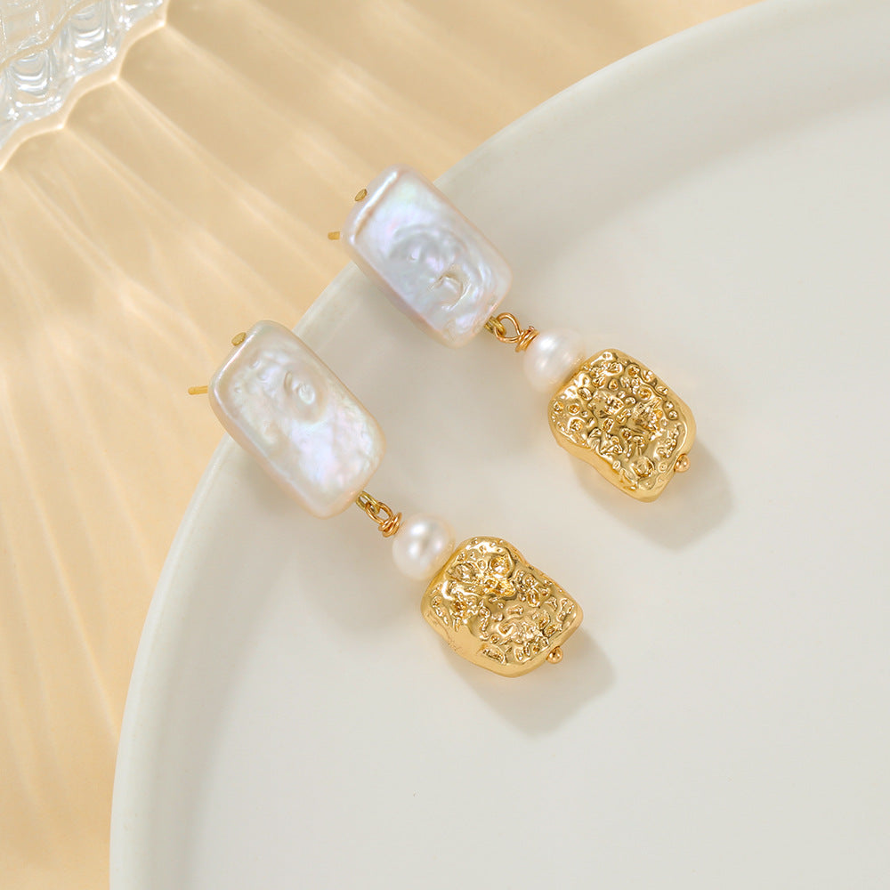 Square Baroque Pearl Gold Earrings