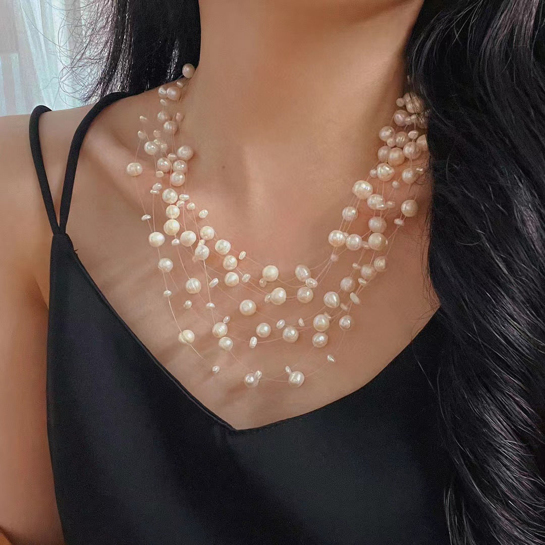 Stardust Veil - Multi-Strand Freshwater Pearl Necklace