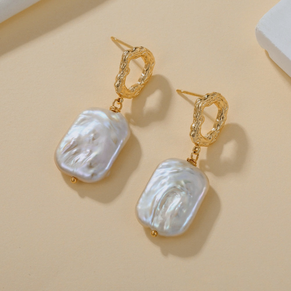 White Square Baroque Freshwater Pearl Drop Earrings