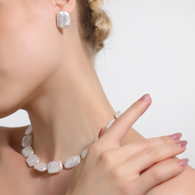 Real-person display of Square Keshi Pearl Earrings