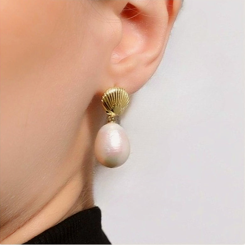 Golden Shell – Baroque Pearl Drop Earrings