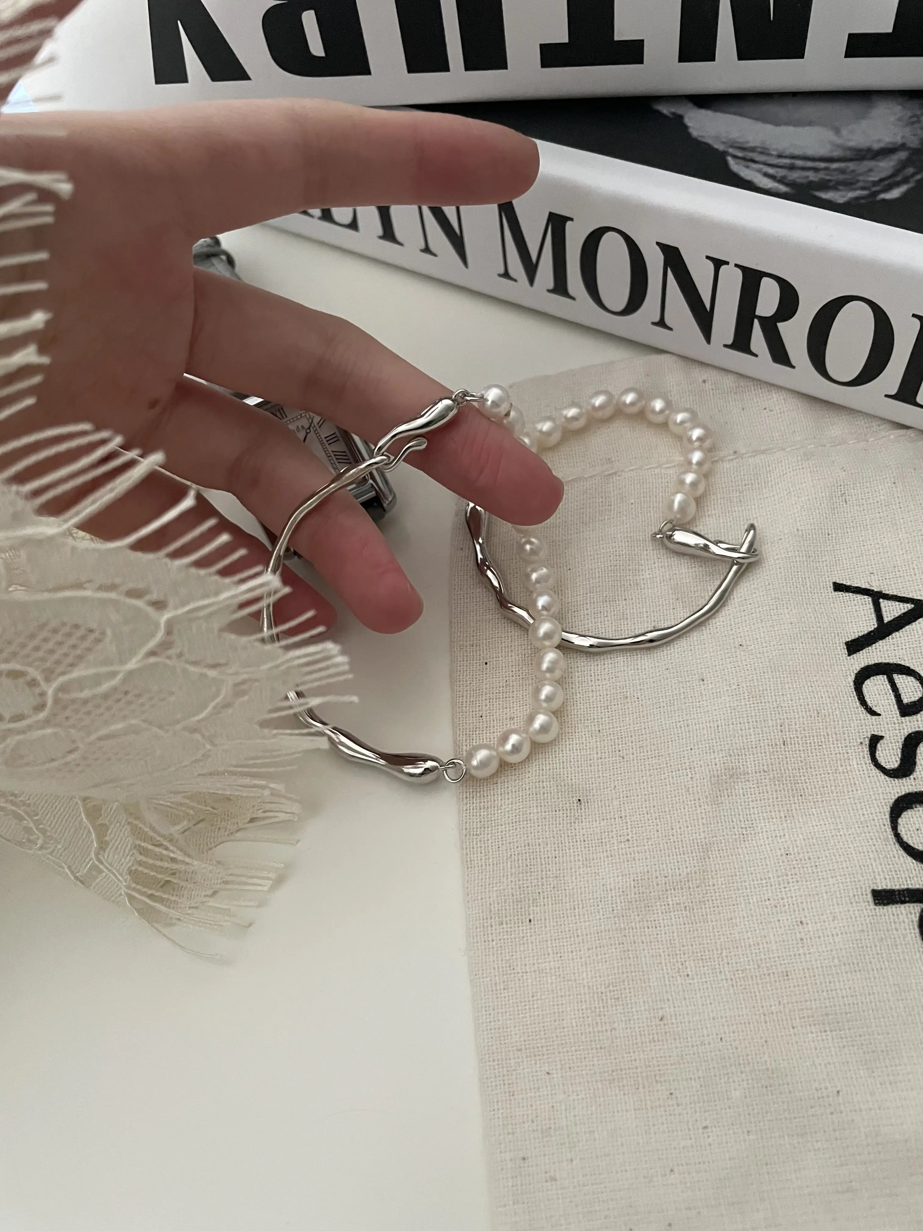 Platinum Half-Bangle Freshwater Pearl Bracelet