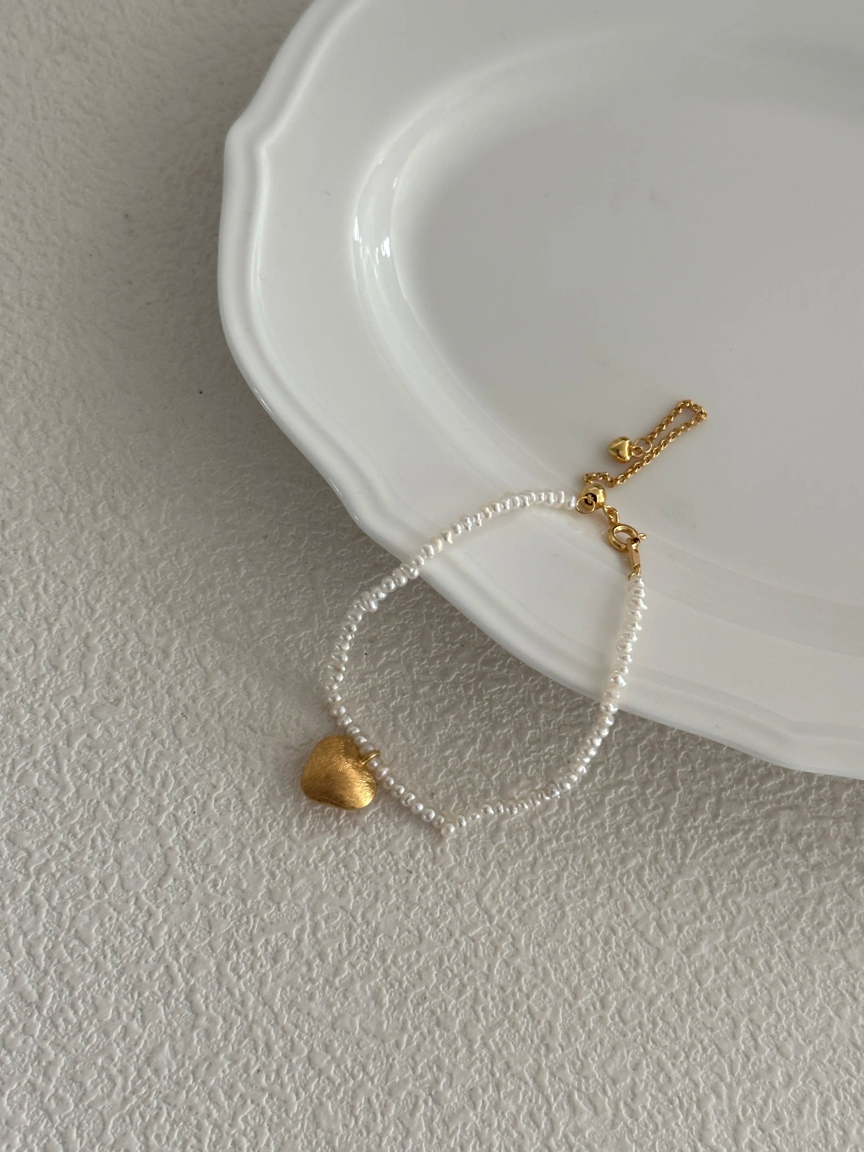 Handmade Silver Heart Pendant Pearl Bracelet