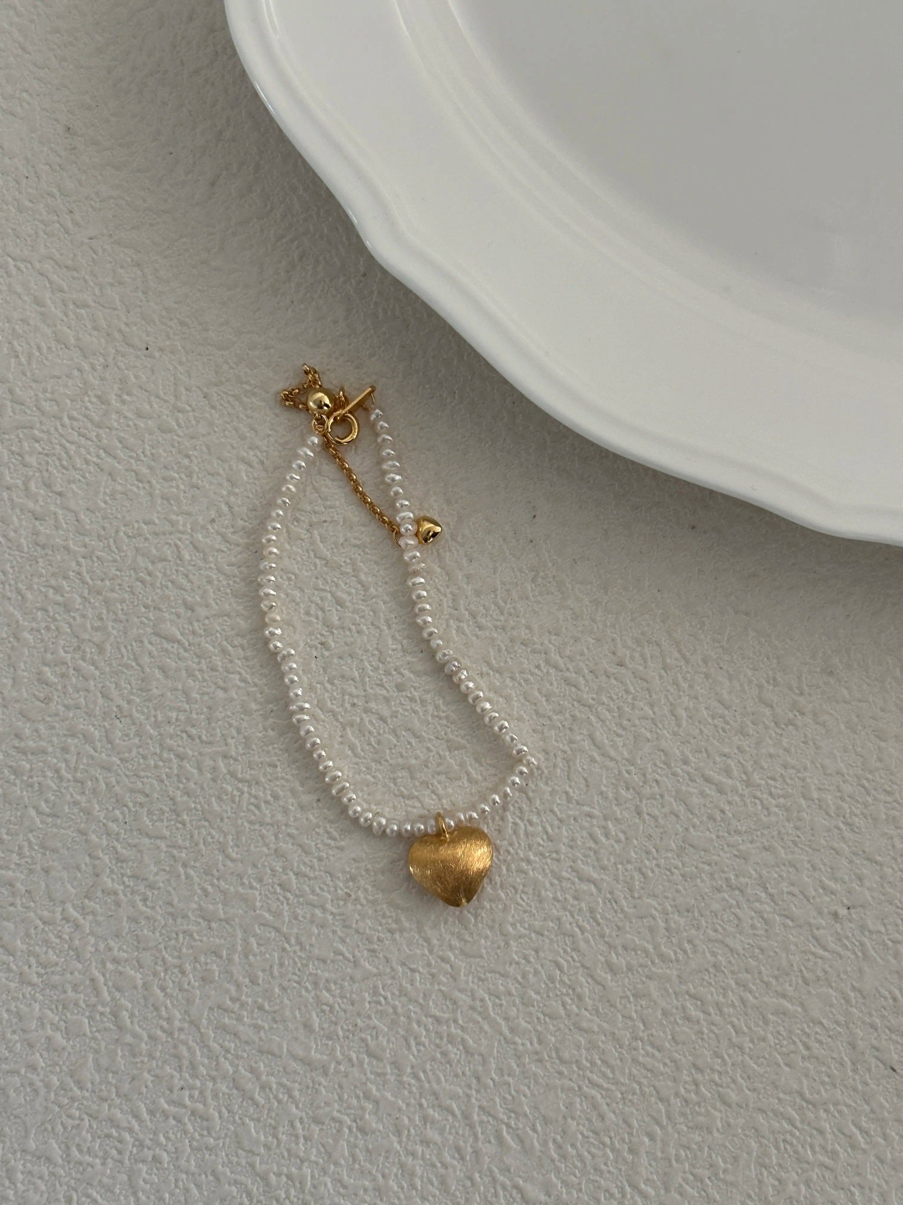 Handmade Silver Heart Pendant Pearl Bracelet