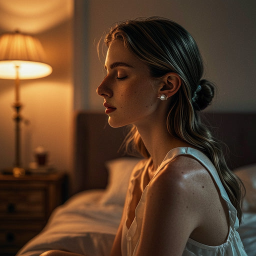 A woman meditating before sleep while wearing pearls.