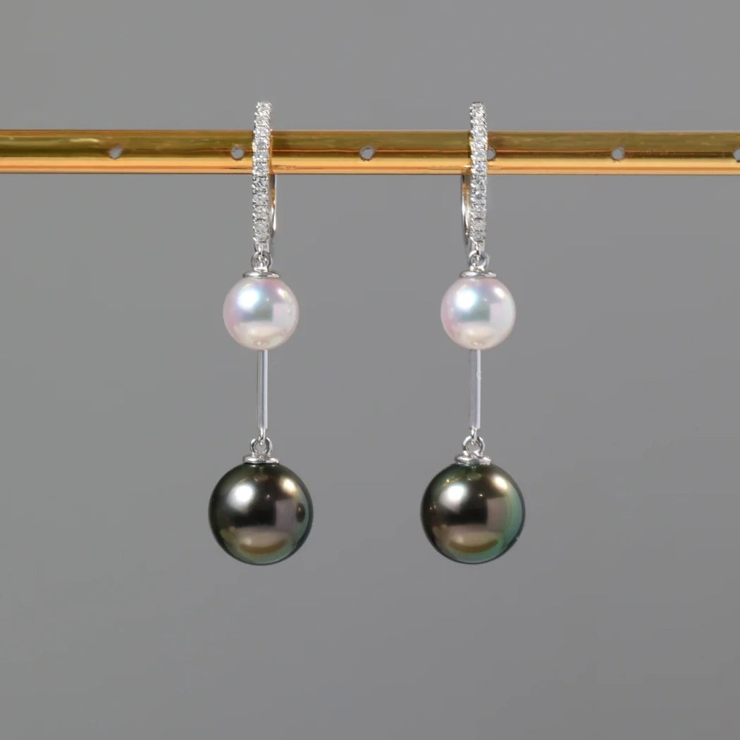 Peacock Green Tahitian Pearl and Akoya Pearl Earrings with Diamond Accents