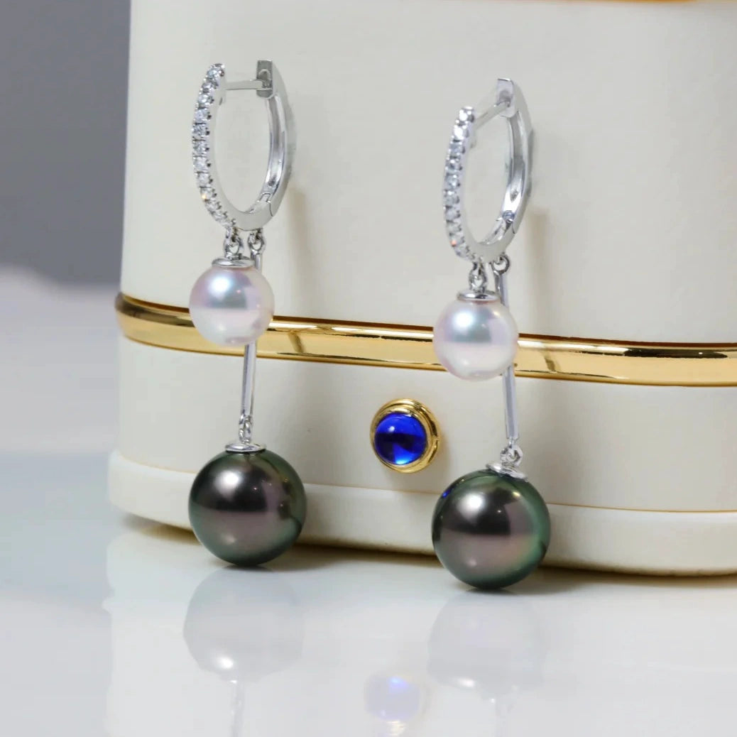 Peacock Green Tahitian Pearl and Akoya Pearl Earrings with Diamond Accents