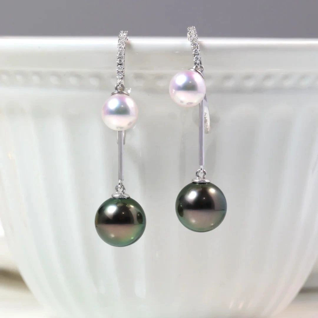 Peacock Green Tahitian Pearl and Akoya Pearl Earrings with Diamond Accents