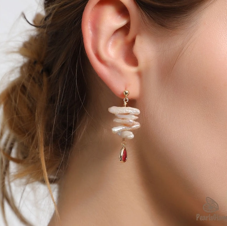 Crimson Cascade – Layered Pearl & Garnet Glass Drop Earrings
