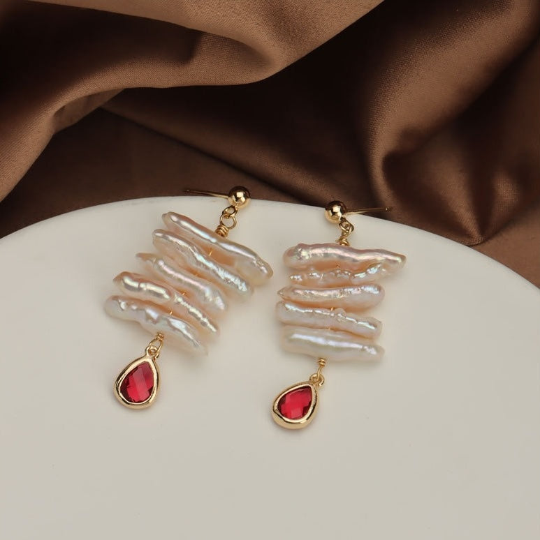 Crimson Cascade – Layered Pearl & Garnet Glass Drop Earrings