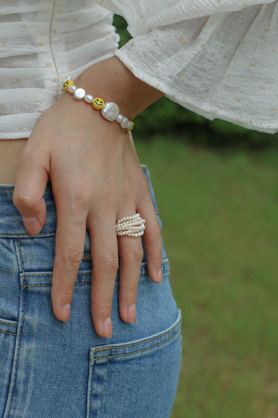 Hand-woven Multi-layer Small Rice Pearl Ring - Gembea Jewelry