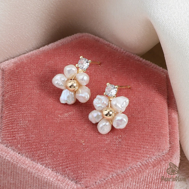 Blossom Glint – Petite Pearl Floral Studs