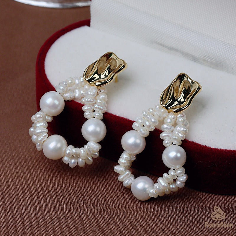 Woven Freshwater Pearl Hoop Earrings