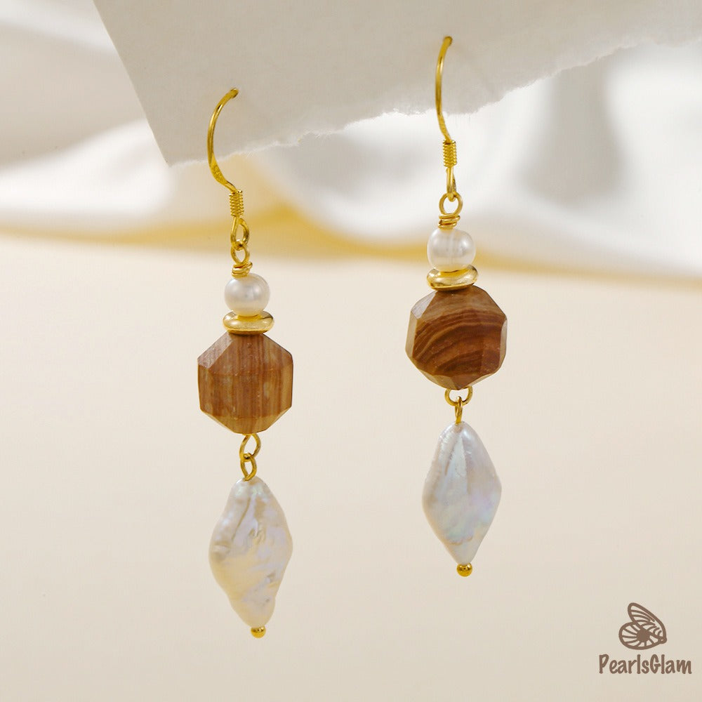 Wild Grace – Faceted Agate & Baroque Pearl Drop Earrings