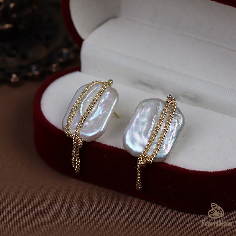 Chain Drape – Baroque Pearl Statement Studs