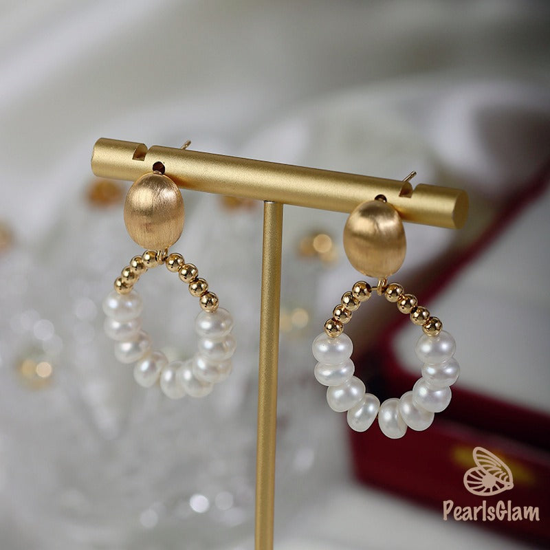 Pearl & Gold Bead Hoop Earrings