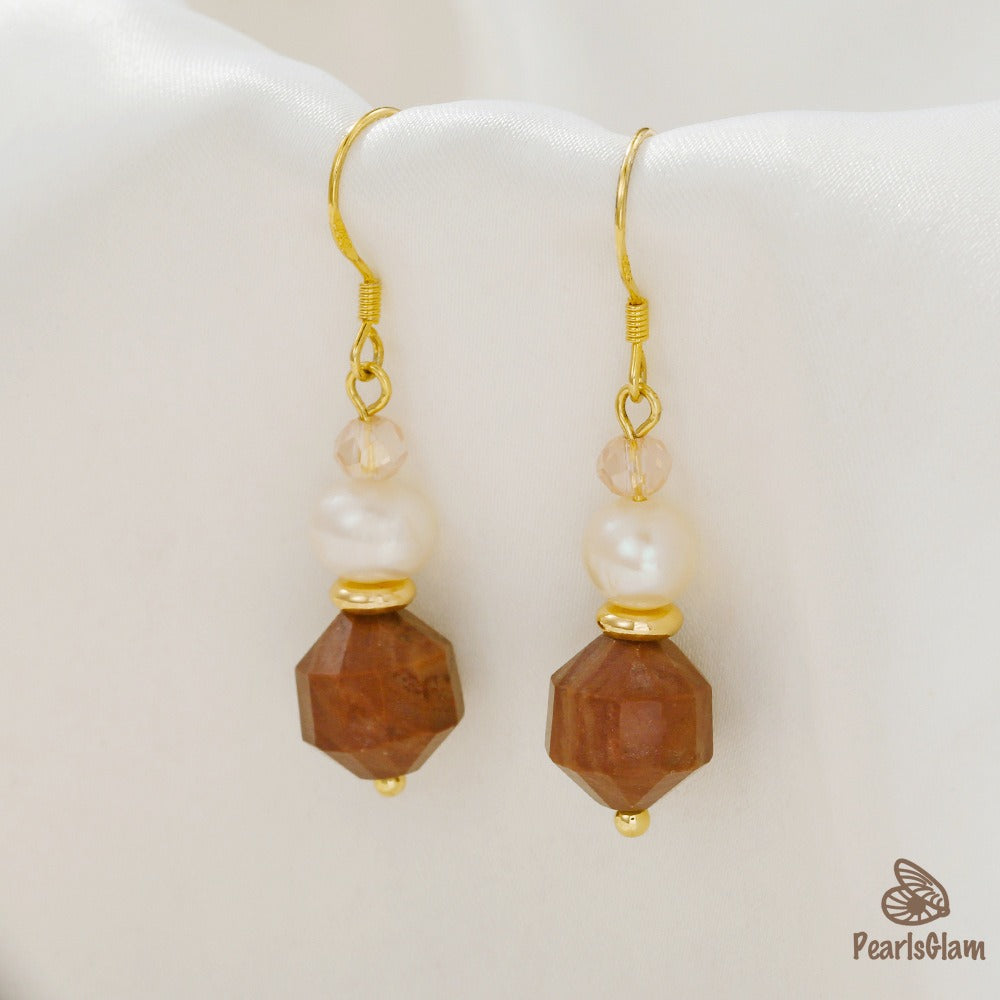 Amber Earth – Pearl & Faceted Brown Agate Earrings