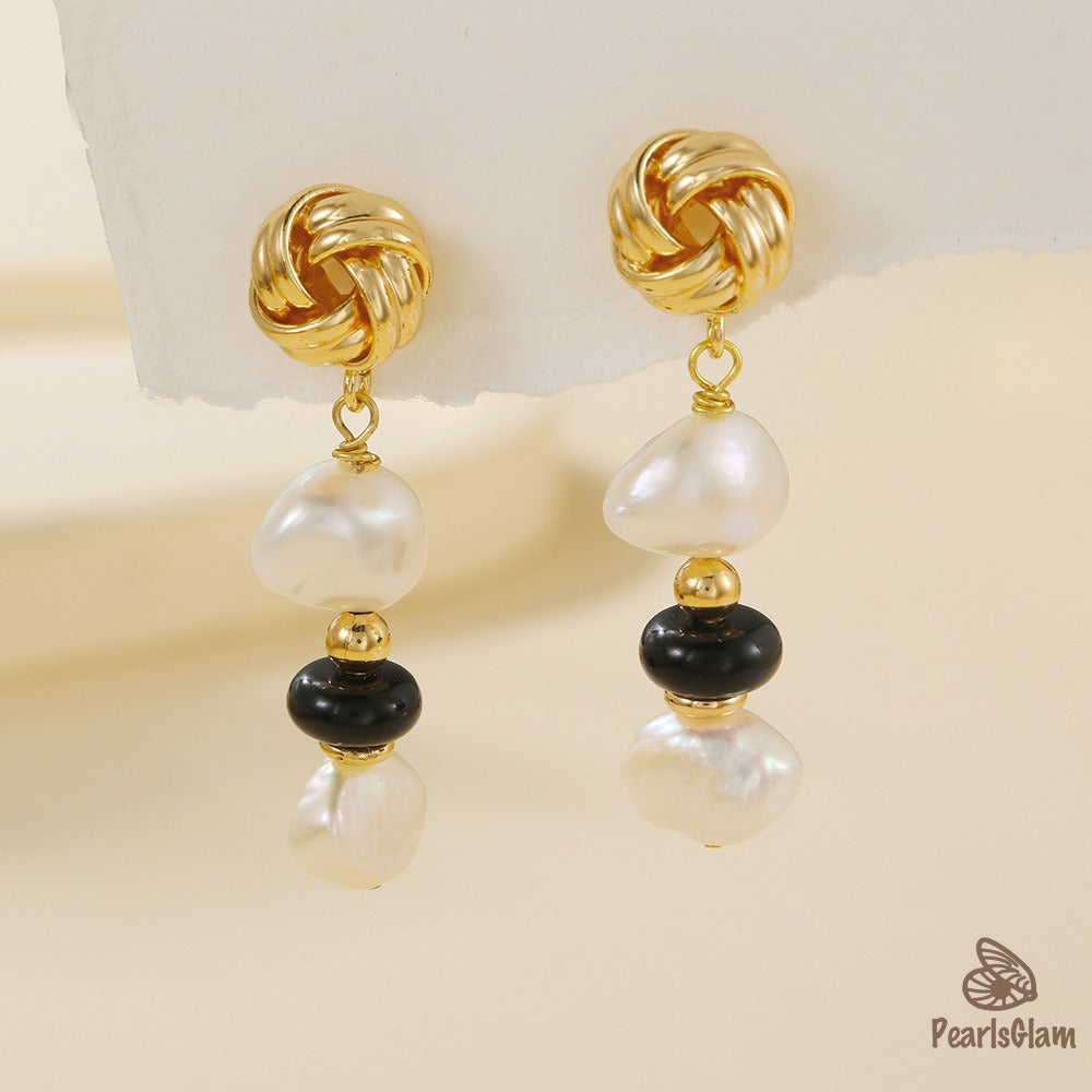 Luna Noir – Baroque Pearl & Black Onyx Knot Earrings