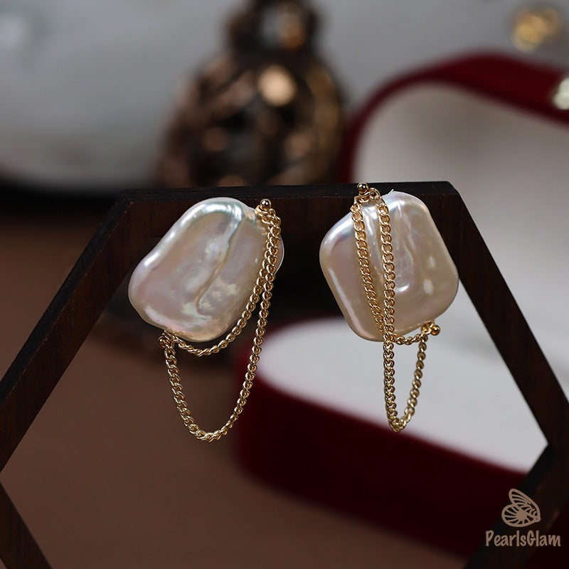 Chain Drape – Baroque Pearl Statement Studs