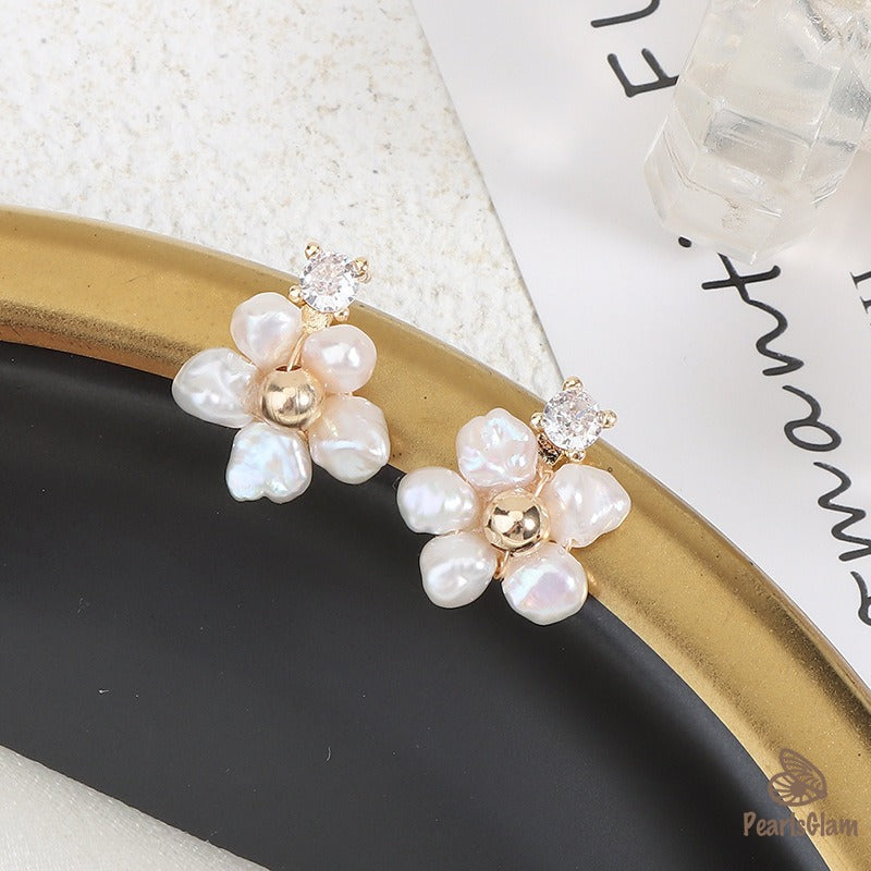 Blossom Glint – Petite Pearl Floral Studs