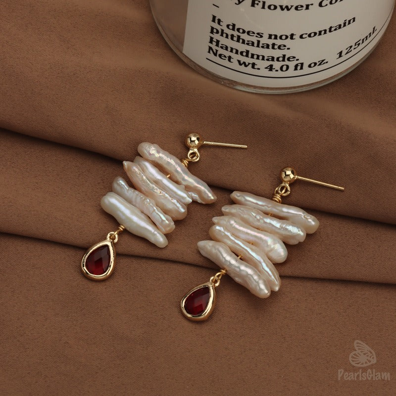 Crimson Cascade – Layered Pearl & Garnet Glass Drop Earrings