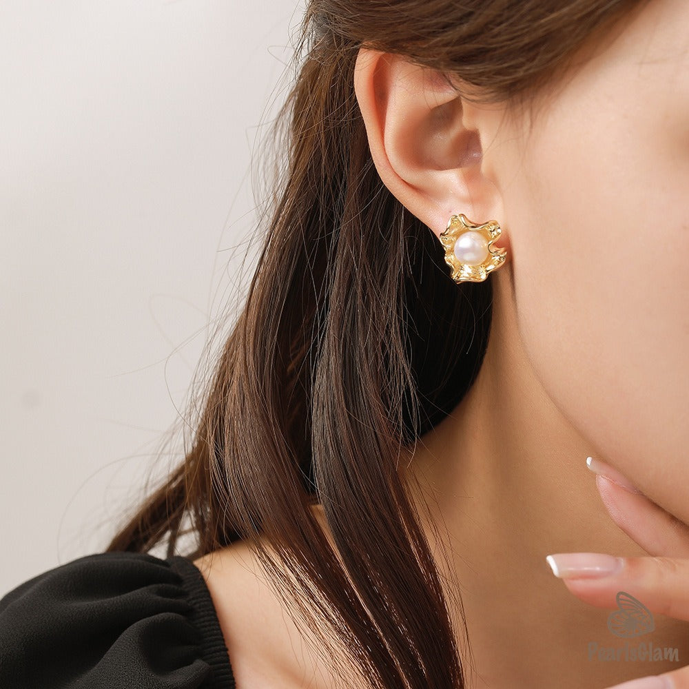 Bloomcore – Gold Petal Pearl Studs