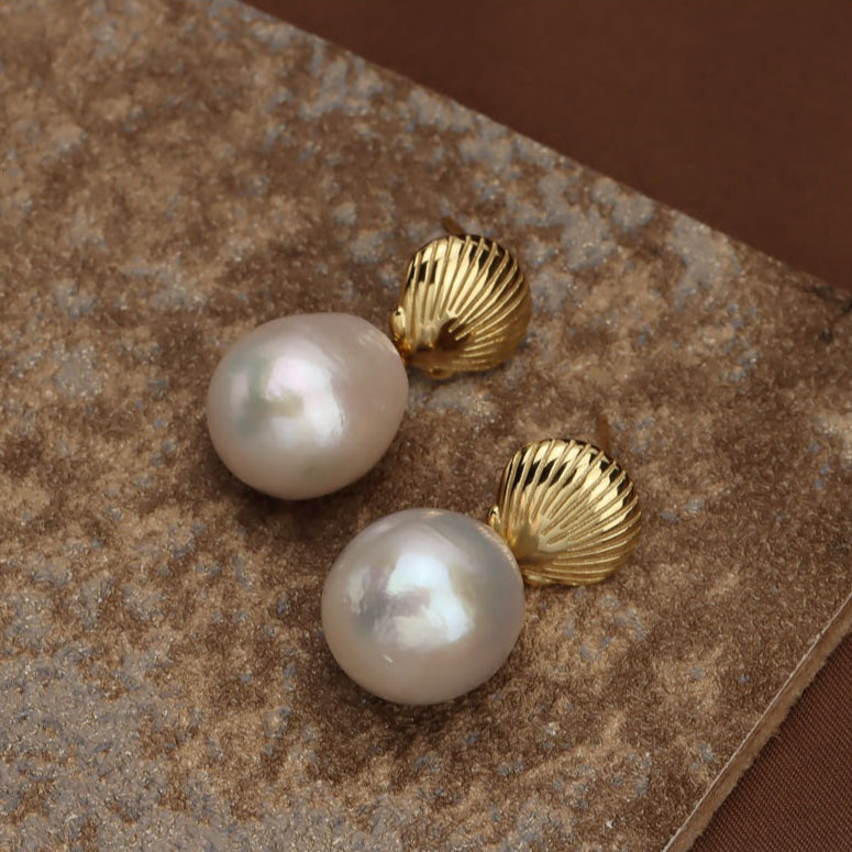 Golden Shell – Baroque Pearl Drop Earrings