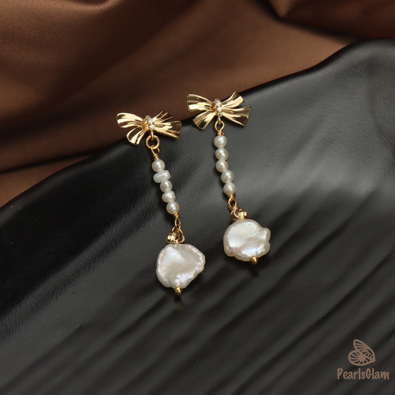 Ribbon Drop – Baroque Pearl Bow Earrings