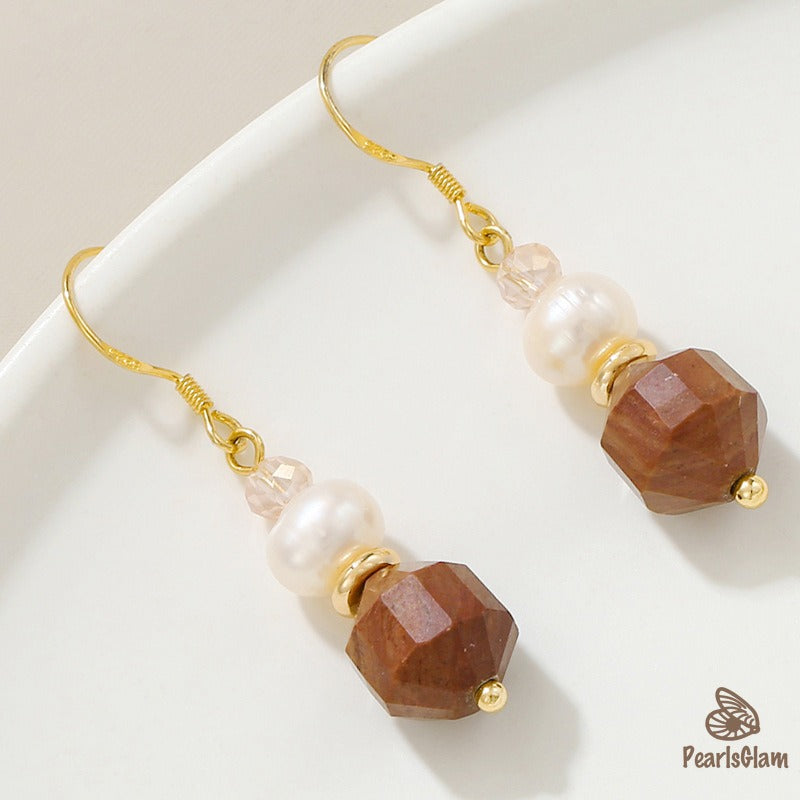 Amber Earth – Pearl & Faceted Brown Agate Earrings