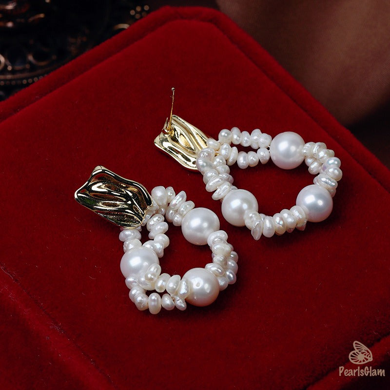 Woven Freshwater Pearl Hoop Earrings