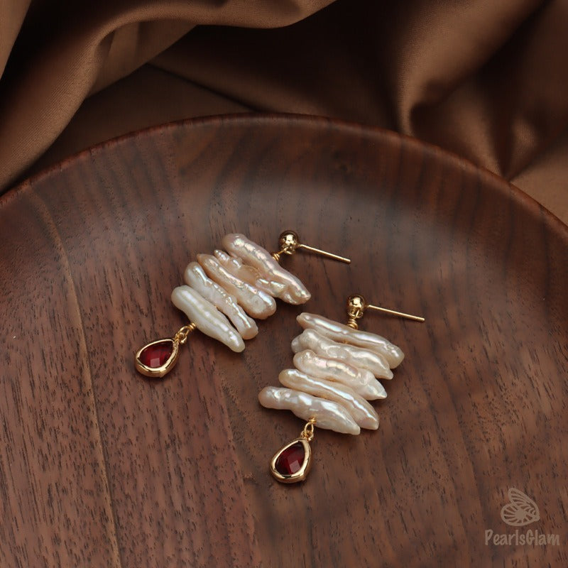 Crimson Cascade – Layered Pearl & Garnet Glass Drop Earrings