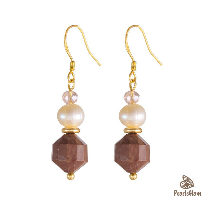 Amber Earth – Pearl & Faceted Brown Agate Earrings