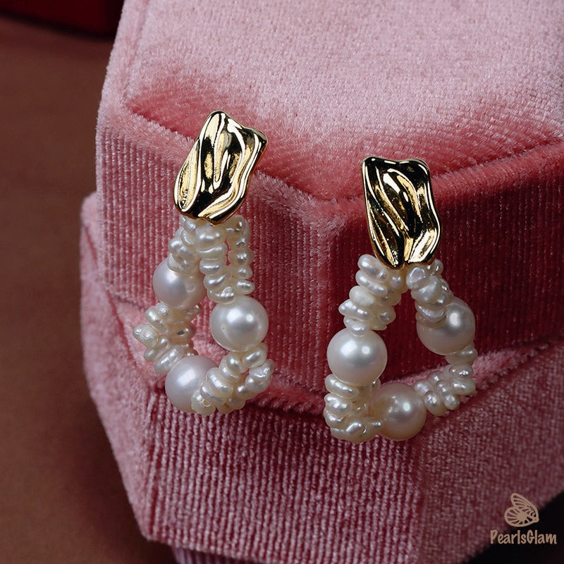 Woven Freshwater Pearl Hoop Earrings