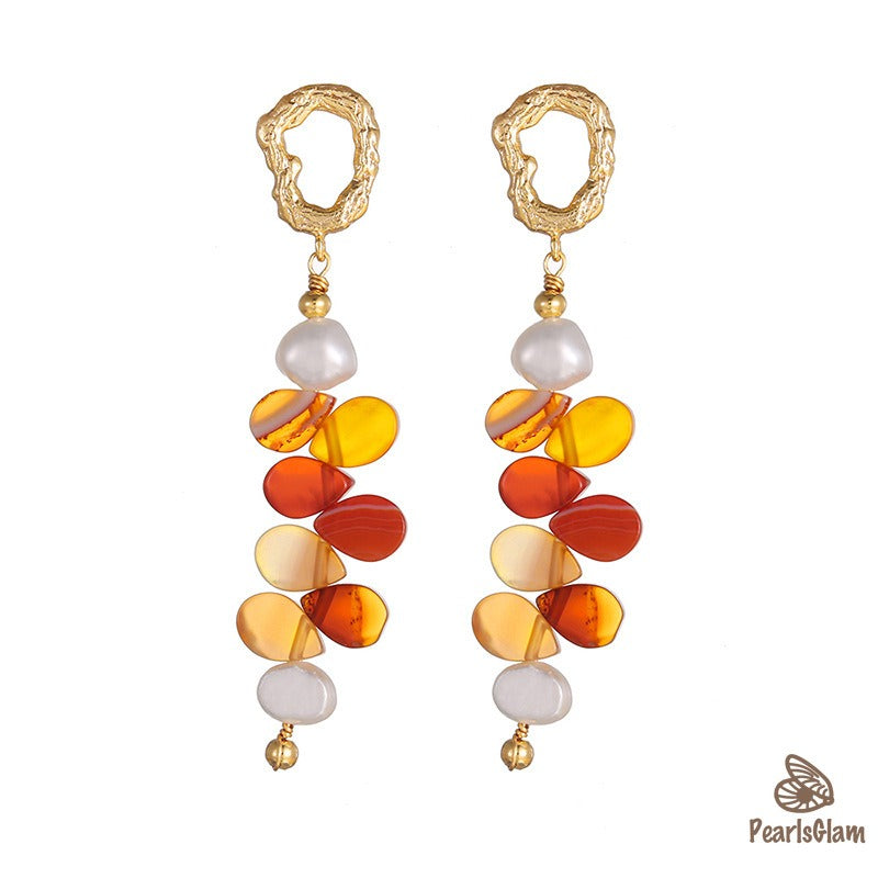 Sunflare Cascade – Shell & Pearl Drop Earrings