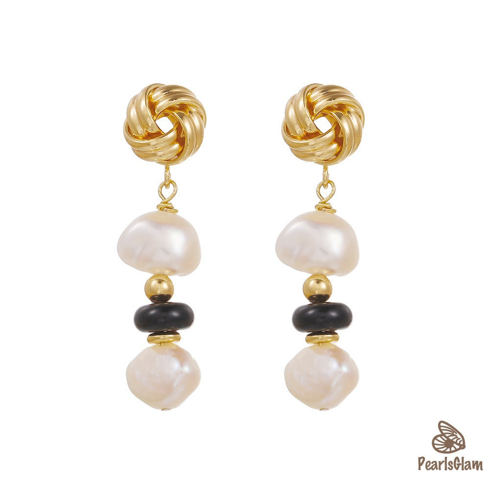 Luna Noir – Baroque Pearl & Black Onyx Knot Earrings