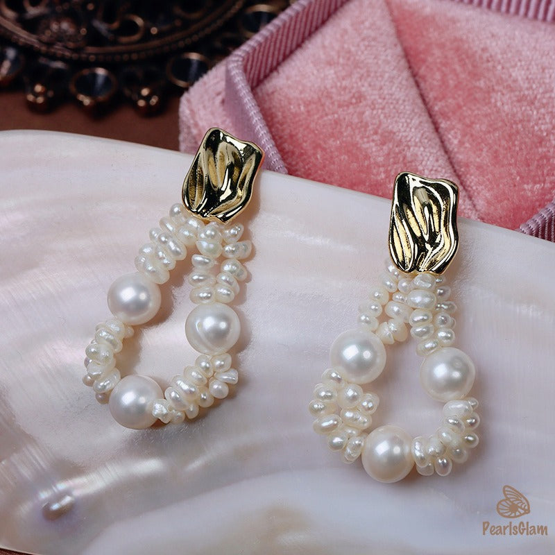 Woven Freshwater Pearl Hoop Earrings