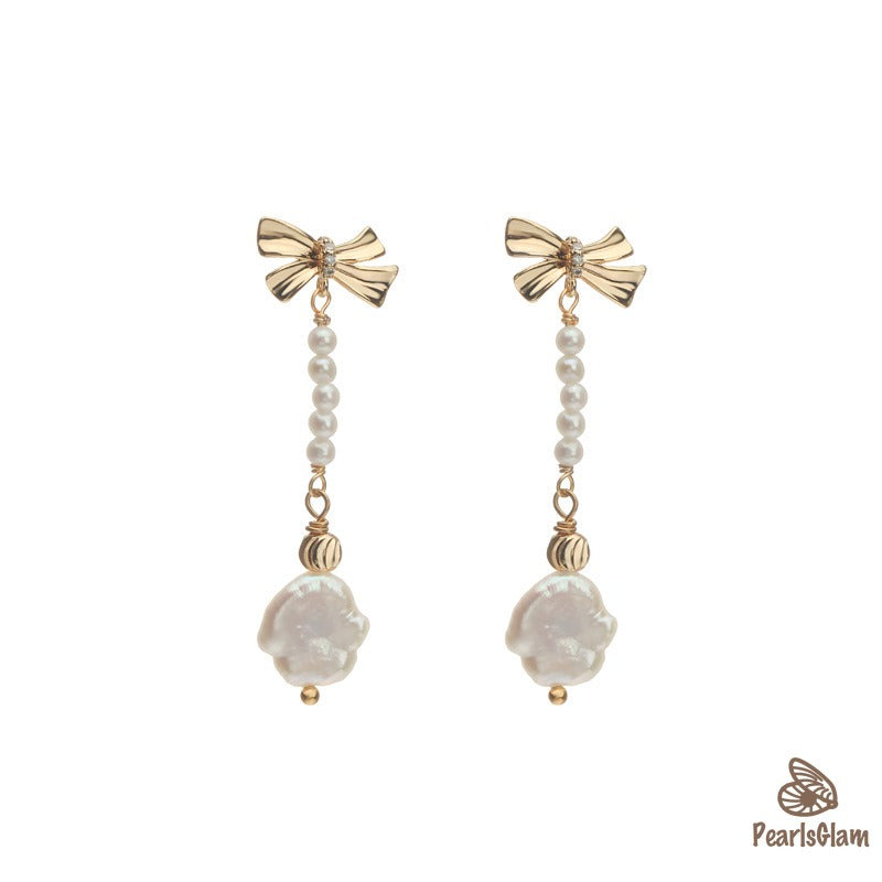Ribbon Drop – Baroque Pearl Bow Earrings