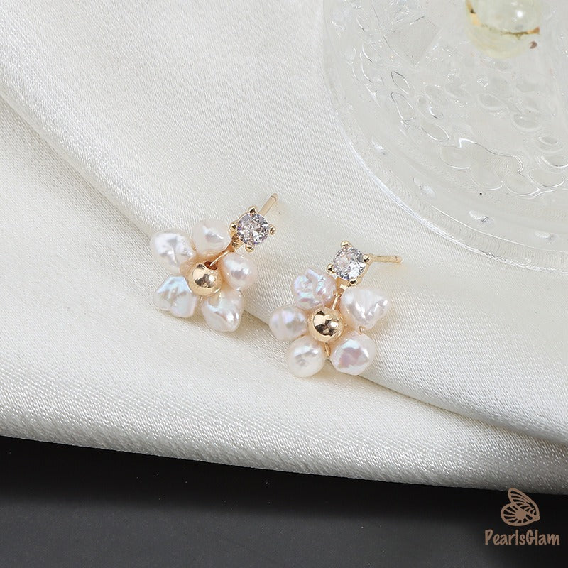 Blossom Glint – Petite Pearl Floral Studs