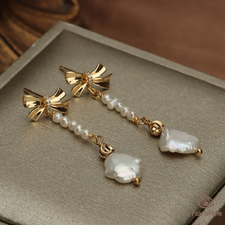 Ribbon Drop – Baroque Pearl Bow Earrings