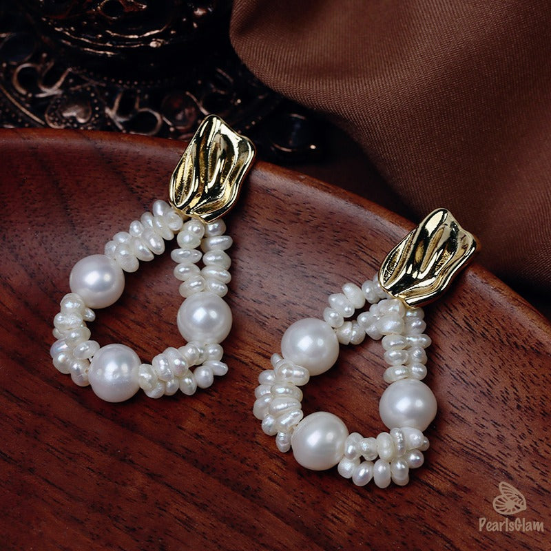 Woven Freshwater Pearl Hoop Earrings