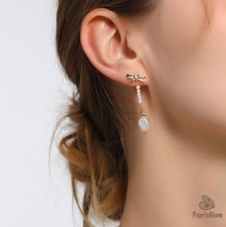 Ribbon Drop – Baroque Pearl Bow Earrings