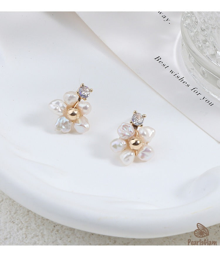 Blossom Glint – Petite Pearl Floral Studs
