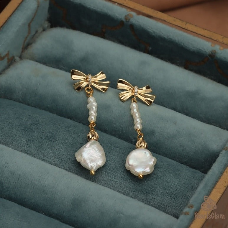 Ribbon Drop – Baroque Pearl Bow Earrings