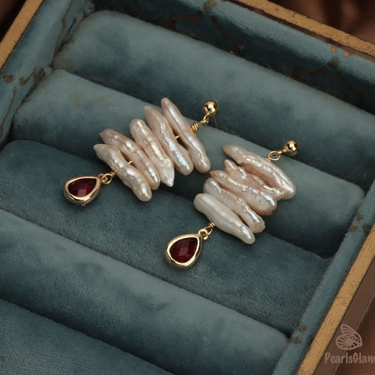 Crimson Cascade – Layered Pearl & Garnet Glass Drop Earrings