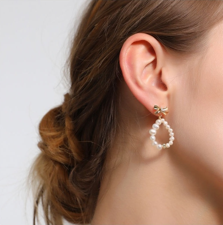 Ribbon Bloom – Pearl Teardrop Bow Earrings