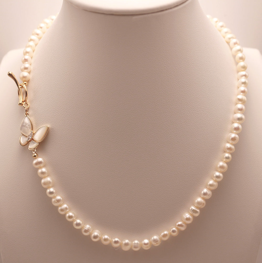 Butterfly Pendant Pearl Necklace - Toggle Clasp
