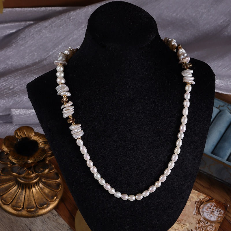 Flat Keshi and Oval Pearl Strung Necklace