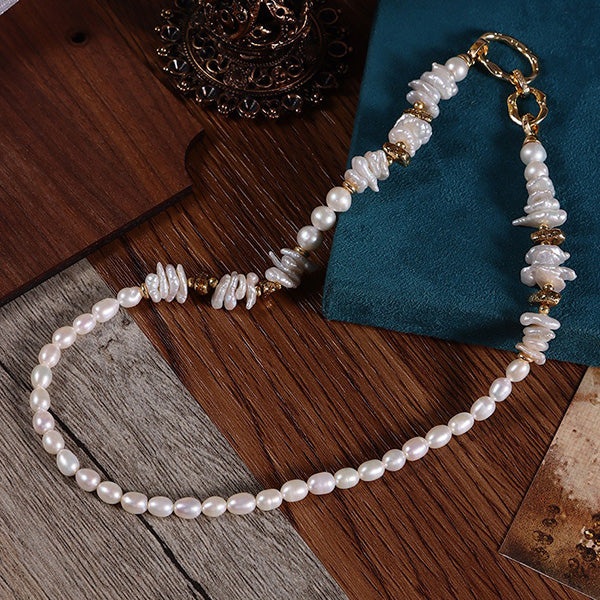 Flat Keshi and Oval Pearl Strung Necklace