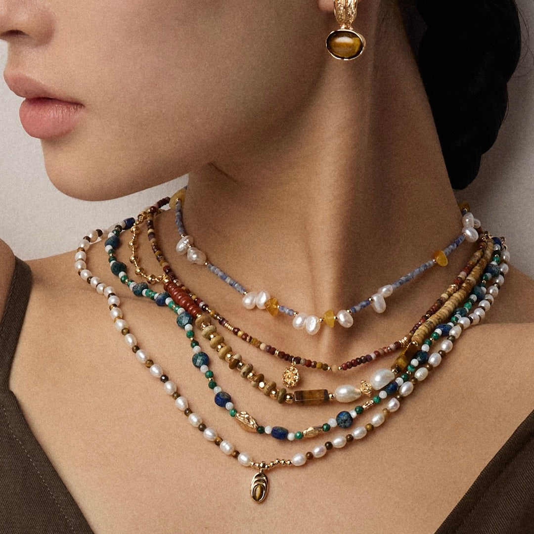 Golden Gaze – Tiger Eye & Pearl Pendant Necklace