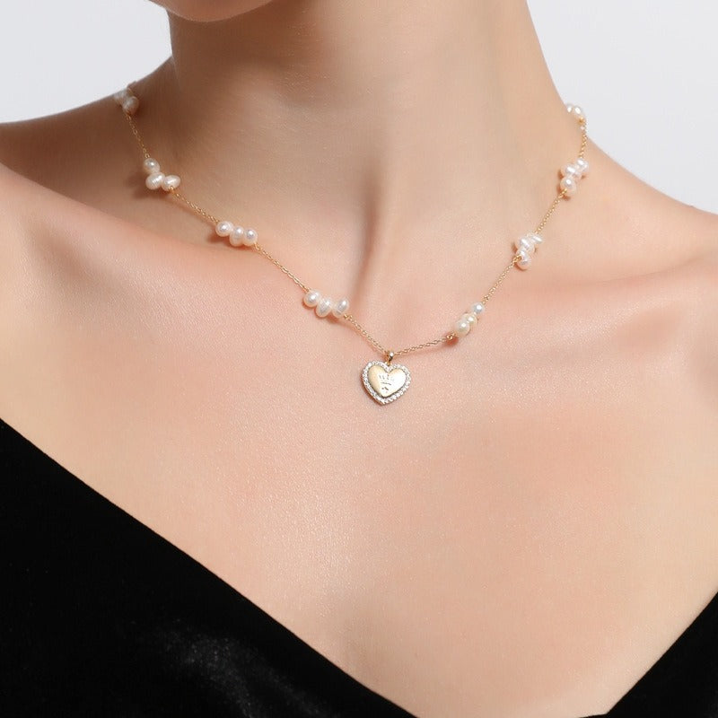 Gold Bead Pearl Choker with Heart Pendant